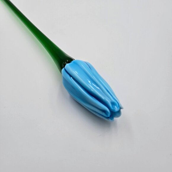 Art Glass Hand Blown Flower Blue Long Green Stem Flower With Leaf Stem Read - Picture 6 of 16
